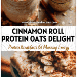 A jar of creamy cinnamon roll protein oatmeal topped with oats and cinnamon, a Yummy Healthy Overnight Oats treat.